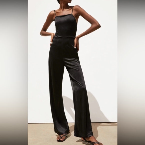 Zara Pants - BNWT ZARA Black Shiny Jersey Effect Straight Leg Spaghetti Strap Jumpsuit Small